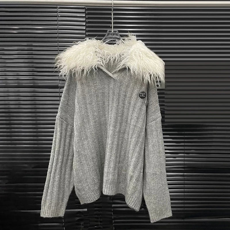 Autumn Winter New Large Fur Collar Knitted Soft Warm Sweater For Women Casual Solid Color Shorts Female 11A07781 only Gray top