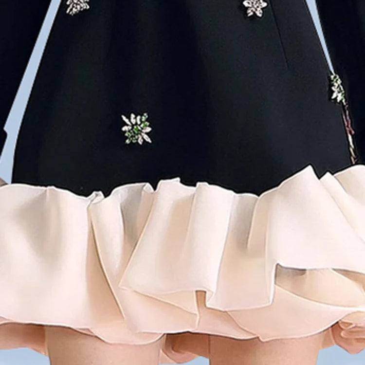 Colorblock Patchwork Diamonds Elegant Dresses For Women V Neck Long Sleeve High Waist Spliced Organza Dress Female