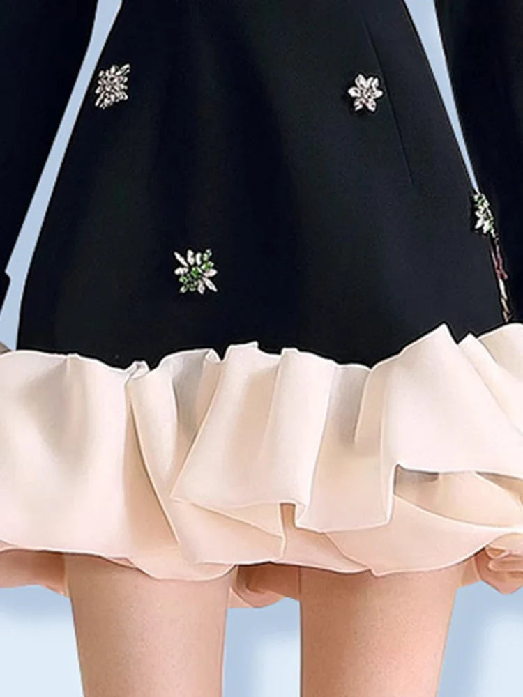 Colorblock Patchwork Diamonds Elegant Dresses For Women V Neck Long Sleeve High Waist Spliced Organza Dress Female