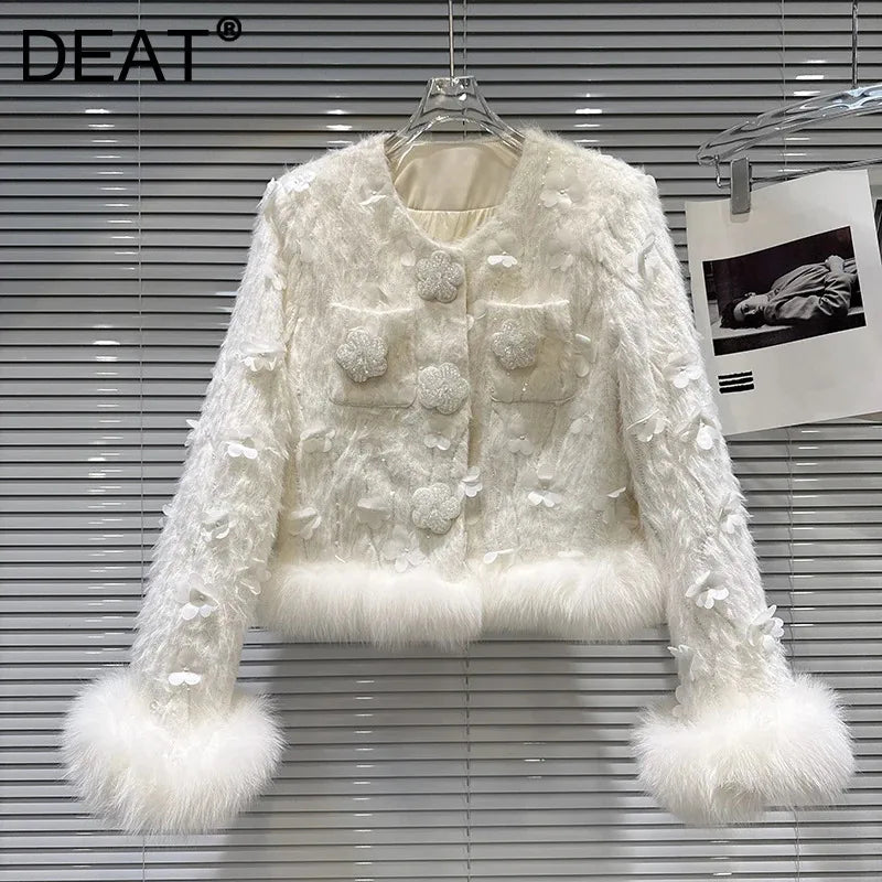 Winter New Fashion Style Fox Fur Sleeve Edge Beaded Flower Button Fluffy Cotton Short Coat For Women Jacket 11A07456