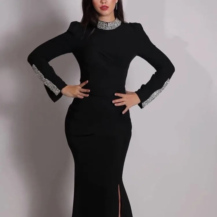 Black Long Sleeves Diamonds Turle Neck Dress Long Sleeves High Slit Celebrity Cocktail Party Bandage Long Dress Maxi Gowns