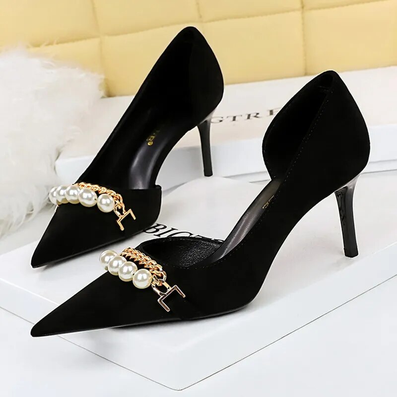 Spring Women Pumps Pearl Metal Chain High-heels Checked Grain Stilettos Women's Heels Luxury Banquet Shoes 43