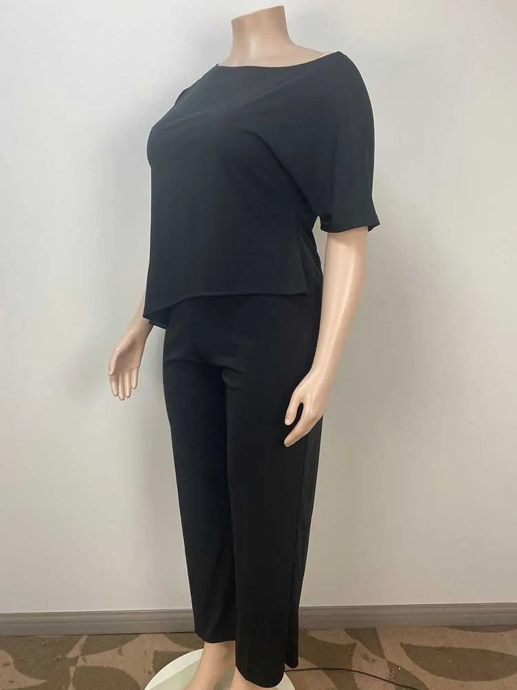 Plus Size Woman Clothing Summer Suit with Pants Casual Loose 2 Piece Sets Trousers and Top Solid Color Wholesale Dropshipping