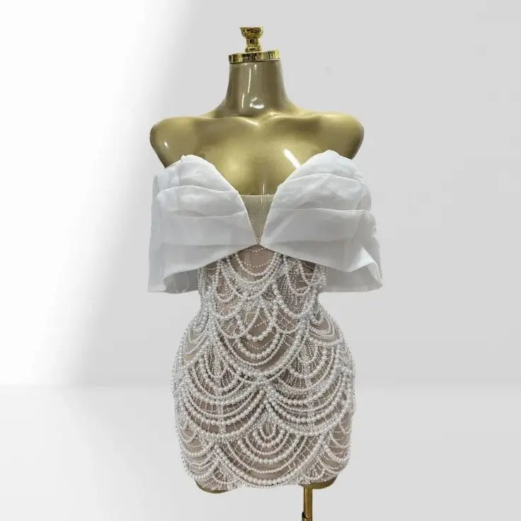 2025 Luxury Pearl Beading White Sequins Sexy Off The Shoulder White Mini Dress Woman Wedding Party Vestido Birthday Party Outfit WHITE
