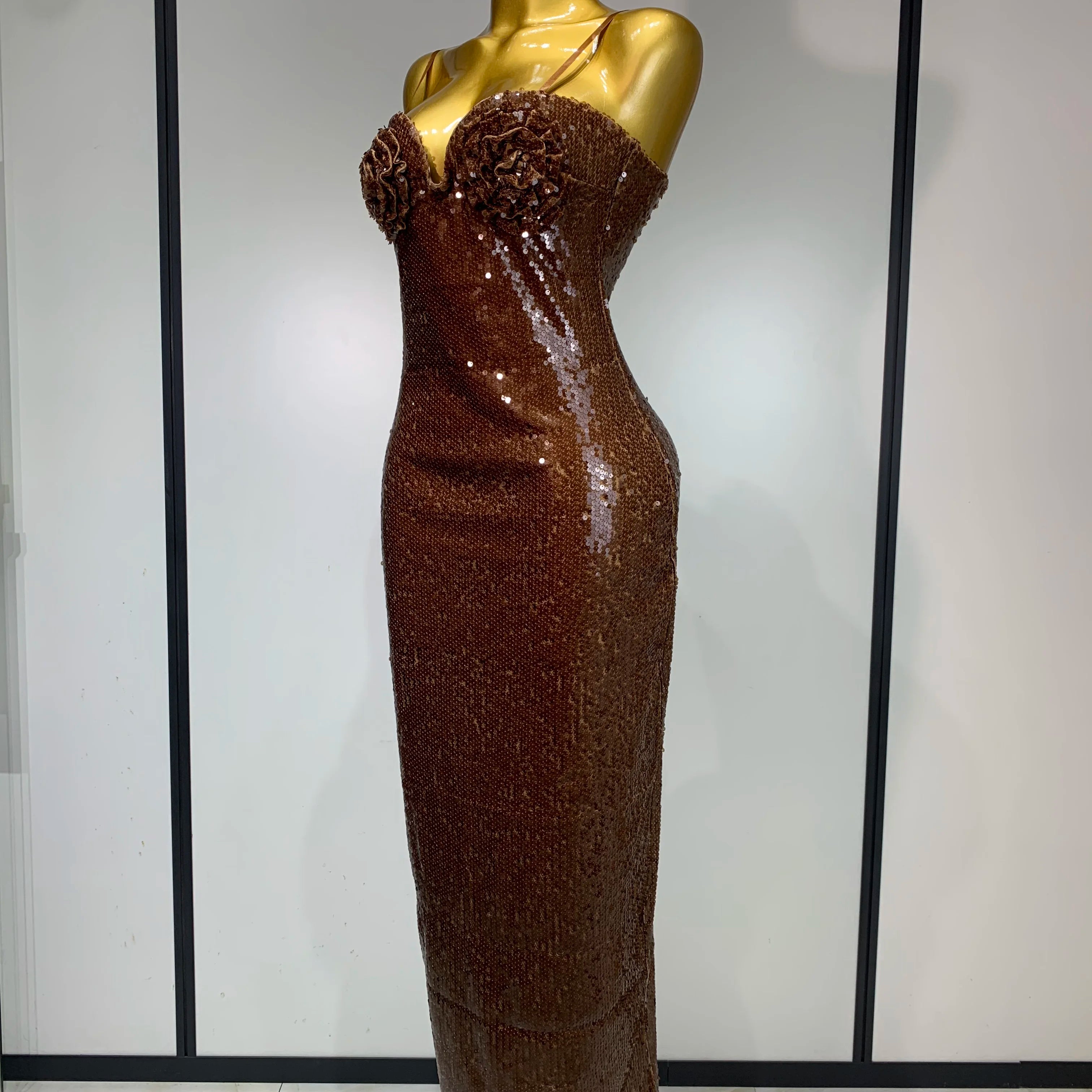 Women Luxury Sexy Sleeveless Backless Mesh Sequins Flower Brown Bodycon Maxi Dress Club Elegant Celebrity Evening Party Dress