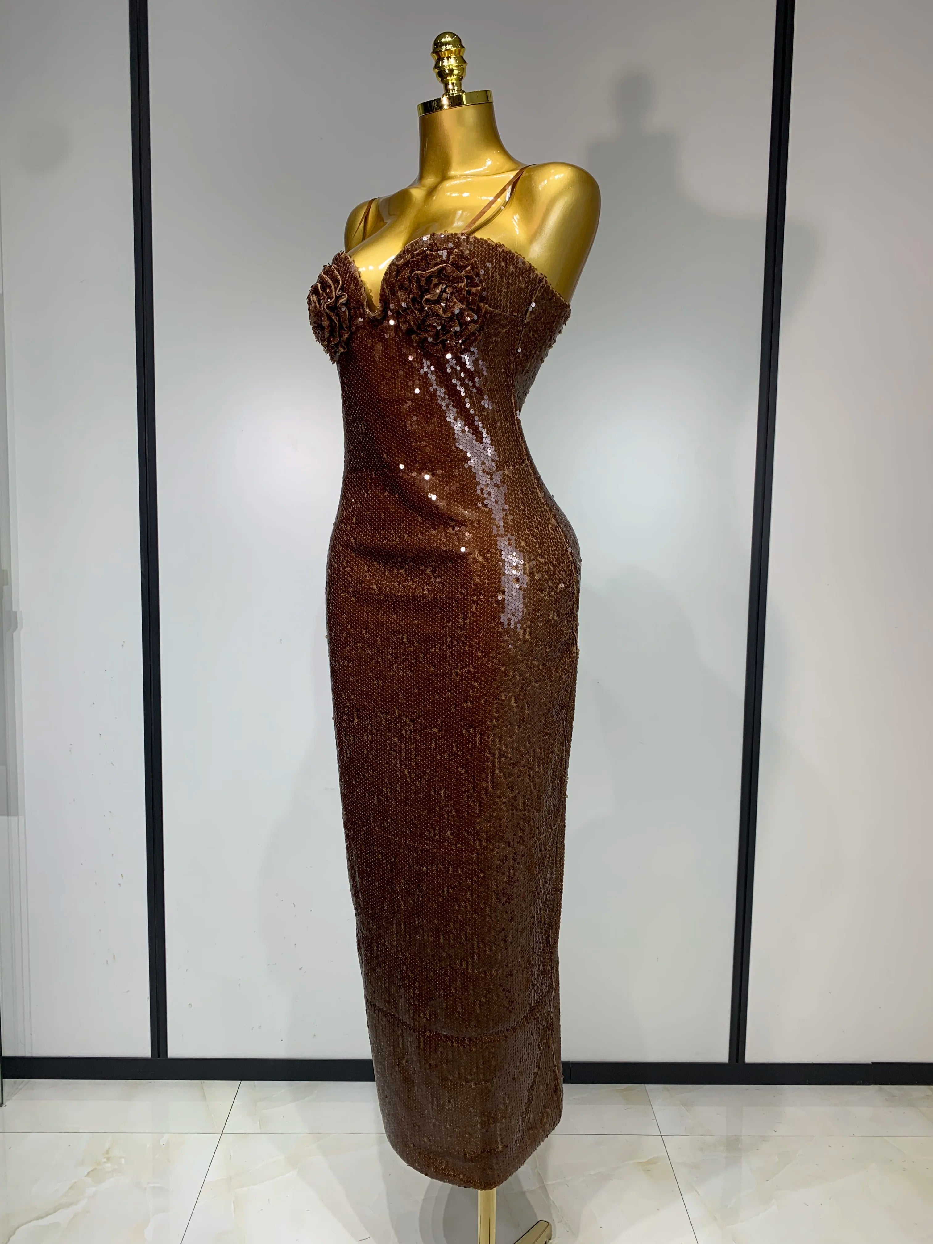 Women Luxury Sexy Sleeveless Backless Mesh Sequins Flower Brown Bodycon Maxi Dress Club Elegant Celebrity Evening Party Dress