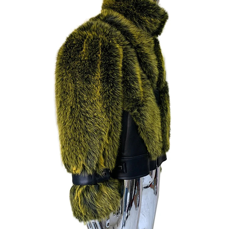 Lautaro Winter Cool Thick Warm Color Block Faux Fur Coat Men Stand Collar Luxury Zip Up Fluffy Jacket Runway European Fashion