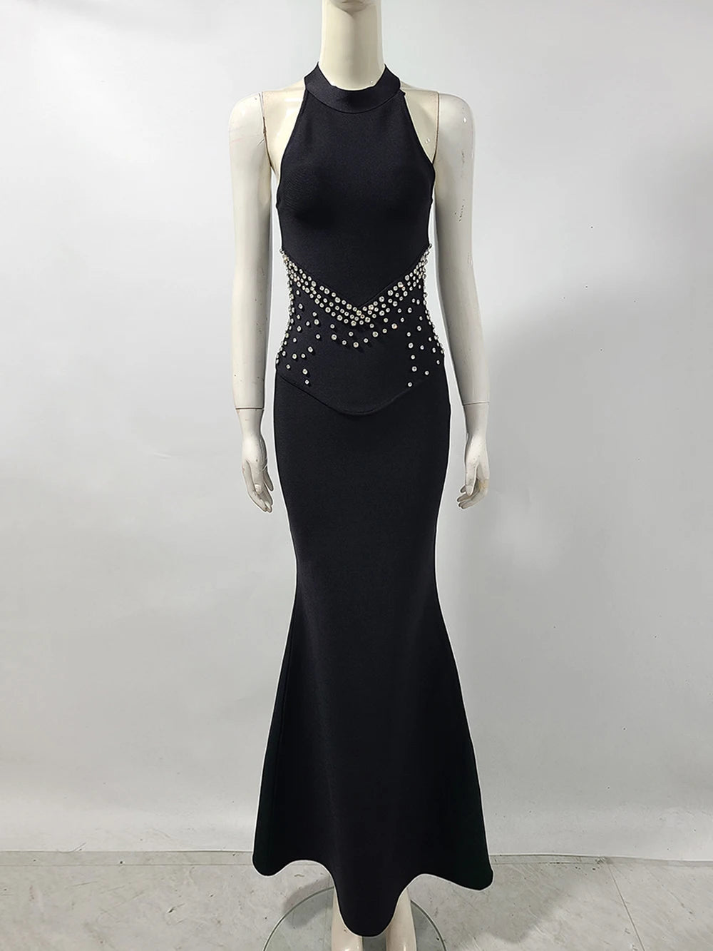 Elegant Black Halter Bandage Maxi Dress with Diamond Bodycon Sleeveless Vestidos Celebrity Party Runway Occasions Evening Gown