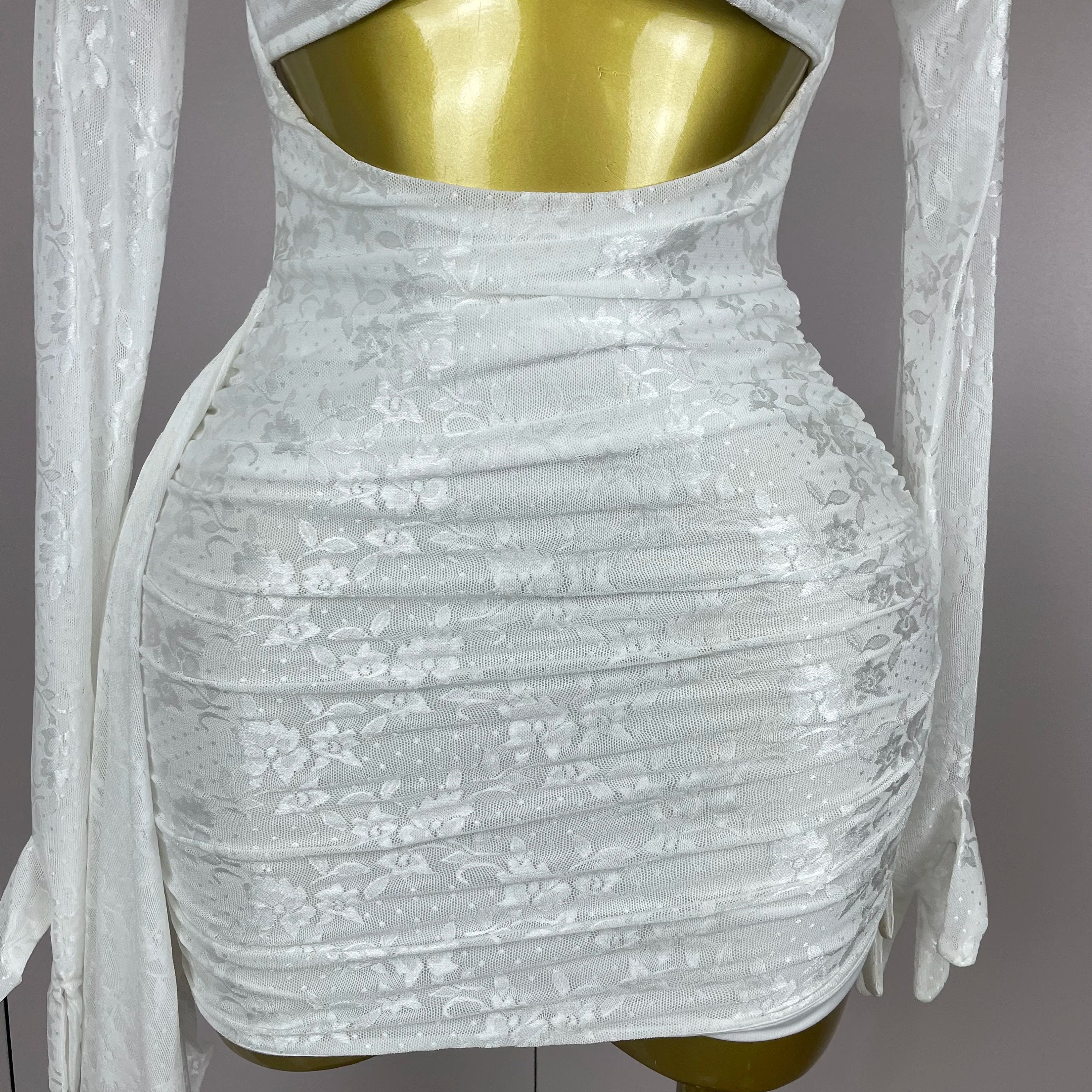 2025Women White Birthday Dress Fashion Long Sleeve O Neck Cut Out Bodycon Mini Trailing One Piece Celebrity Evening Club Dresses