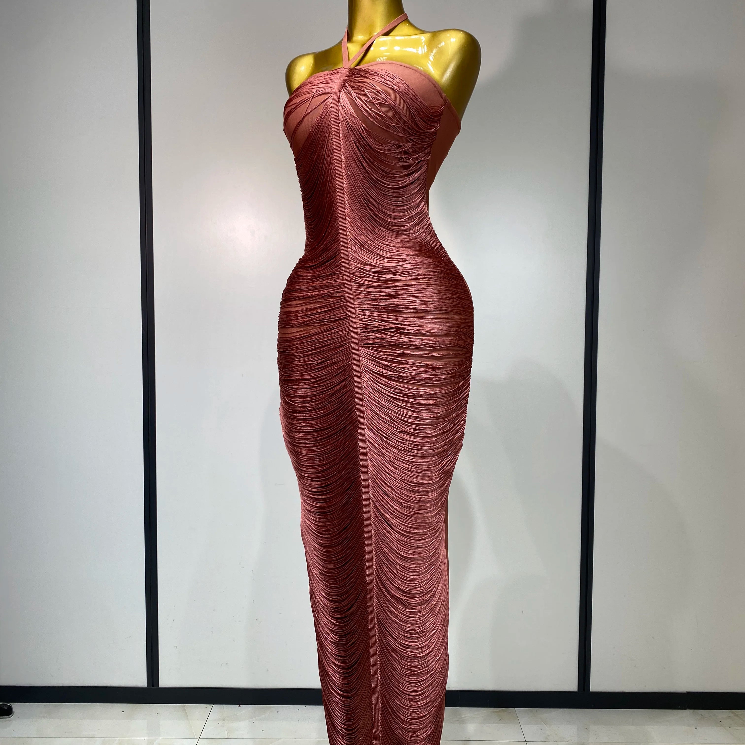 Women Sexy Celebrity Backless Halter Tassel Bodycon Bandage Dress 2025 Elegant Celebirty Evening Party Luxury Birthday Dress