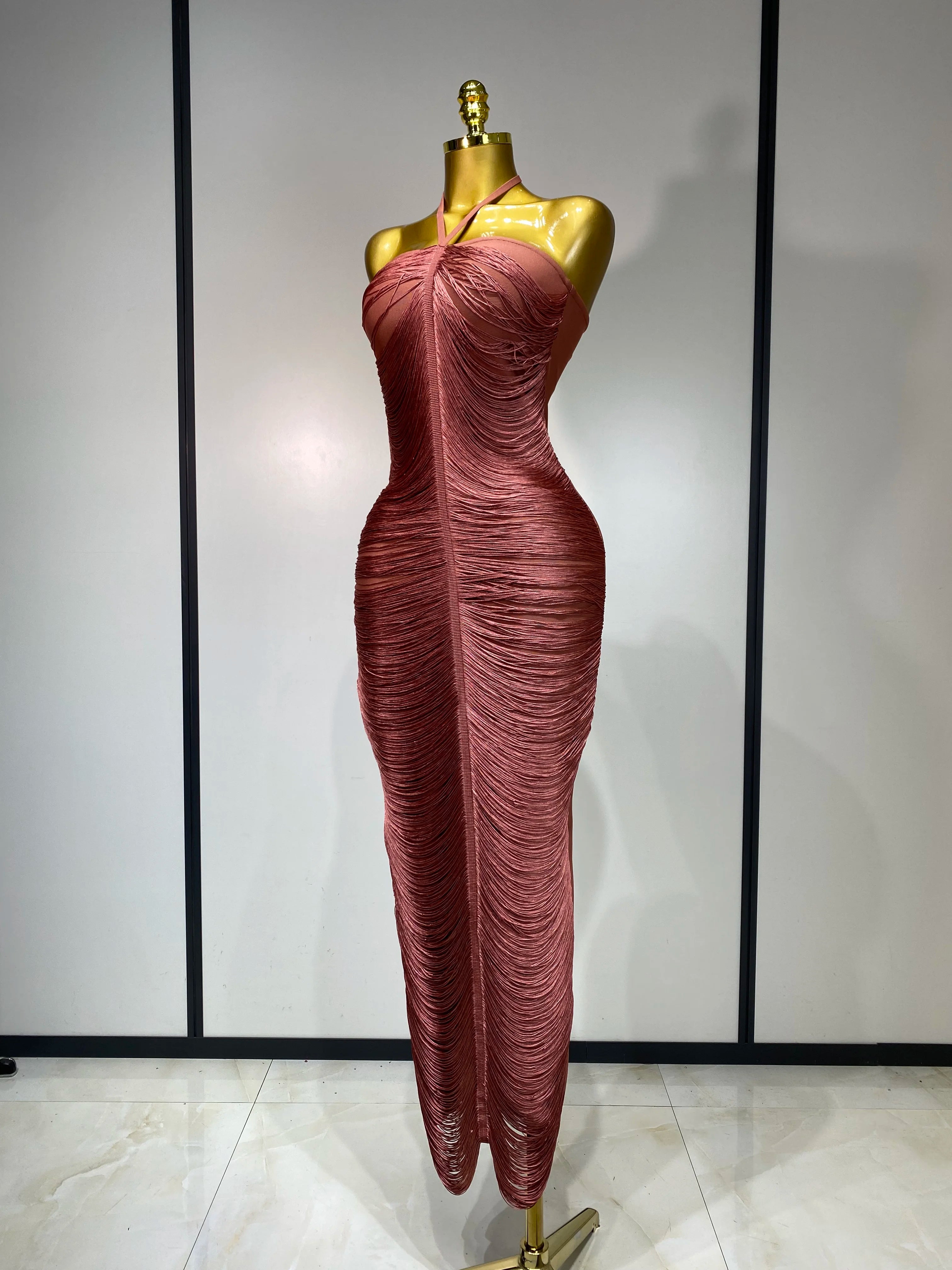 Women Sexy Celebrity Backless Halter Tassel Bodycon Bandage Dress 2025 Elegant Celebirty Evening Party Luxury Birthday Dress