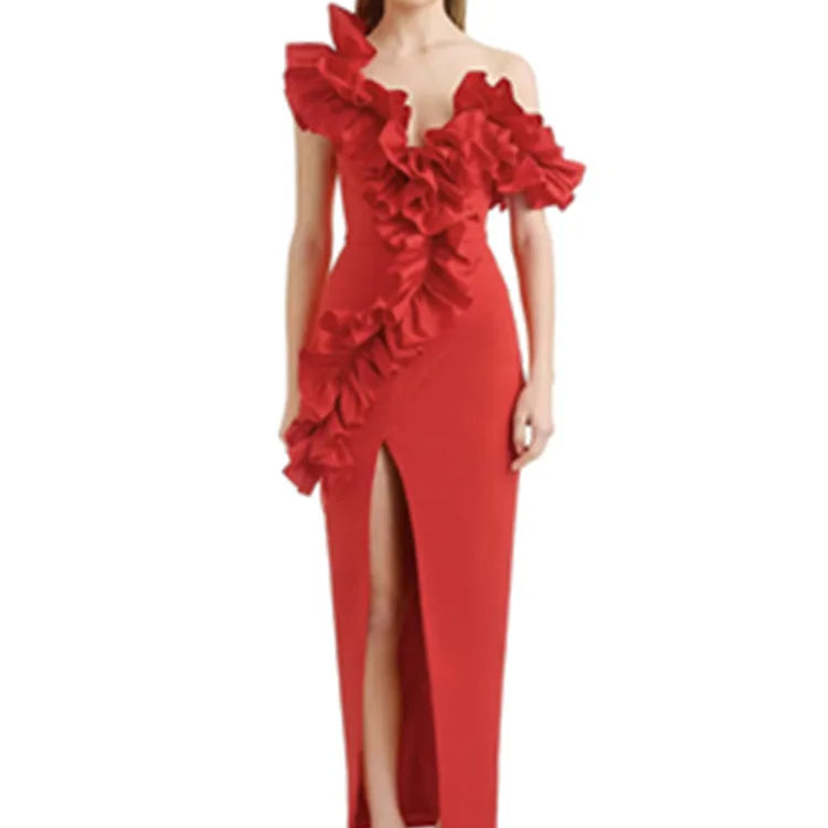 Women Celebrity Sexy Off Shoulder Ruffles Black Red Split Midi Bodycon Bandage Dress 2024 Elegant Evening Club Party Outfit