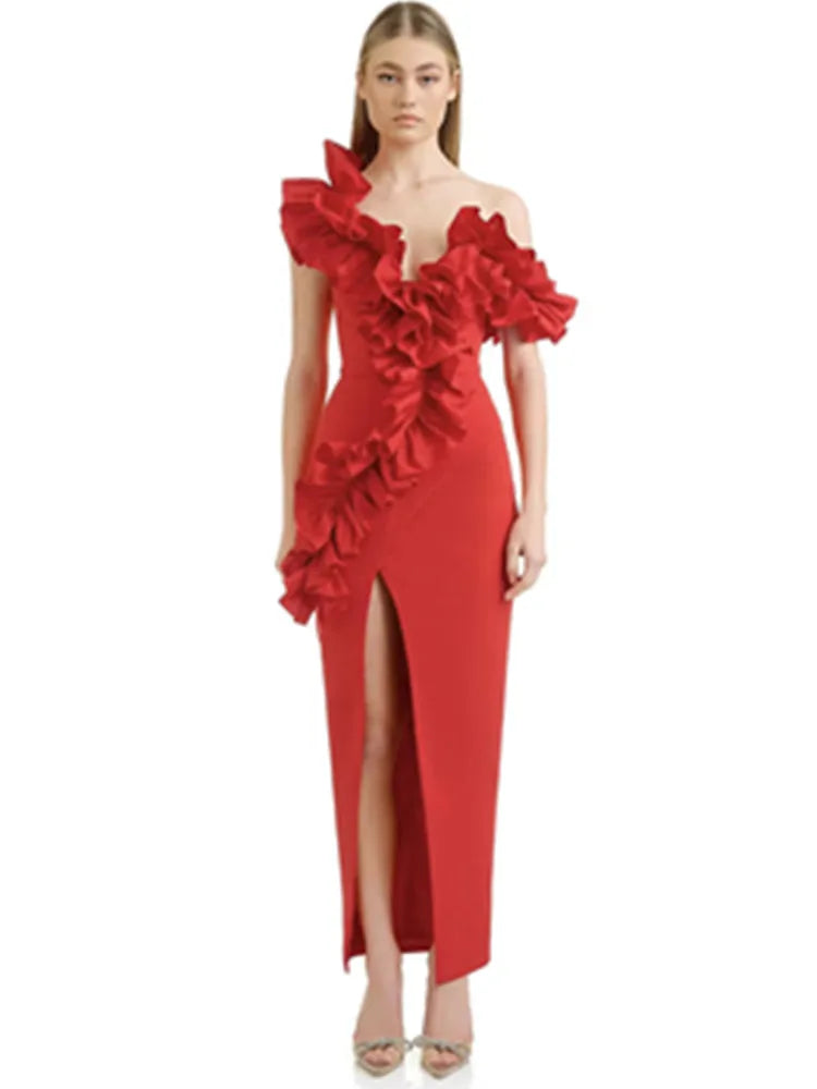 Women Celebrity Sexy Off Shoulder Ruffles Black Red Split Midi Bodycon Bandage Dress 2024 Elegant Evening Club Party Outfit