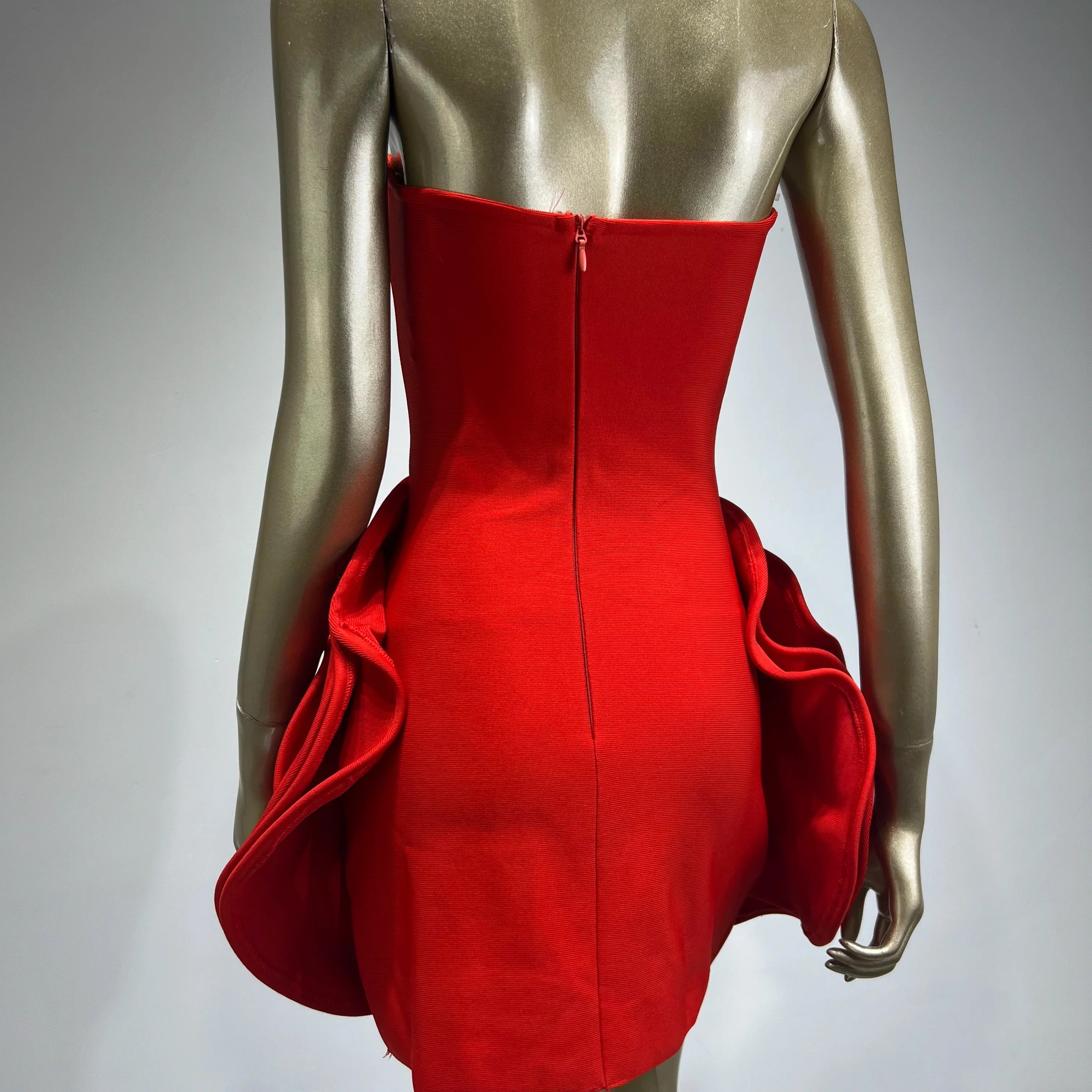 Women Celebrity Sexy Strapless Backeless Red Flower Mini Bodycon Bandage Dress Elegant Evening Club Party Dress