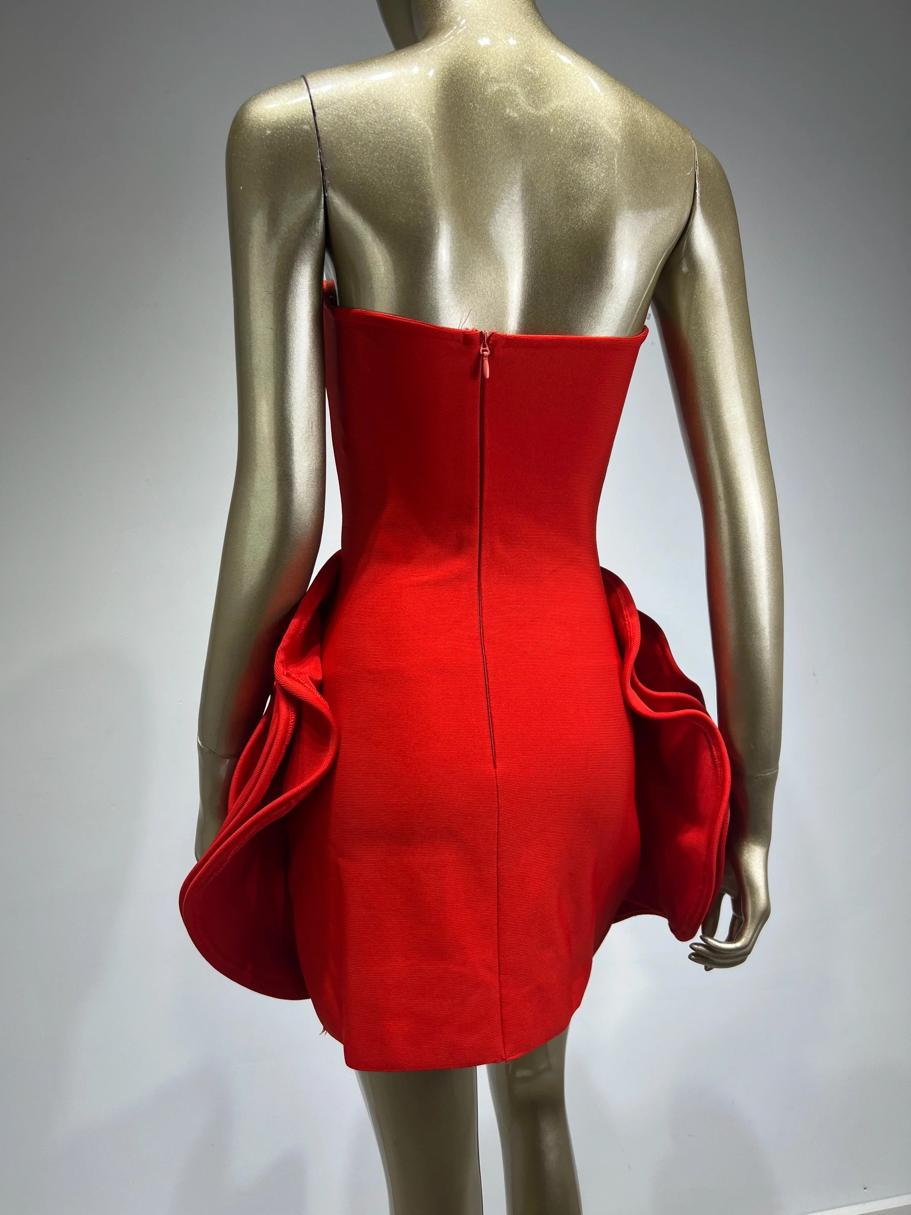 Women Celebrity Sexy Strapless Backeless Red Flower Mini Bodycon Bandage Dress Elegant Evening Club Party Dress