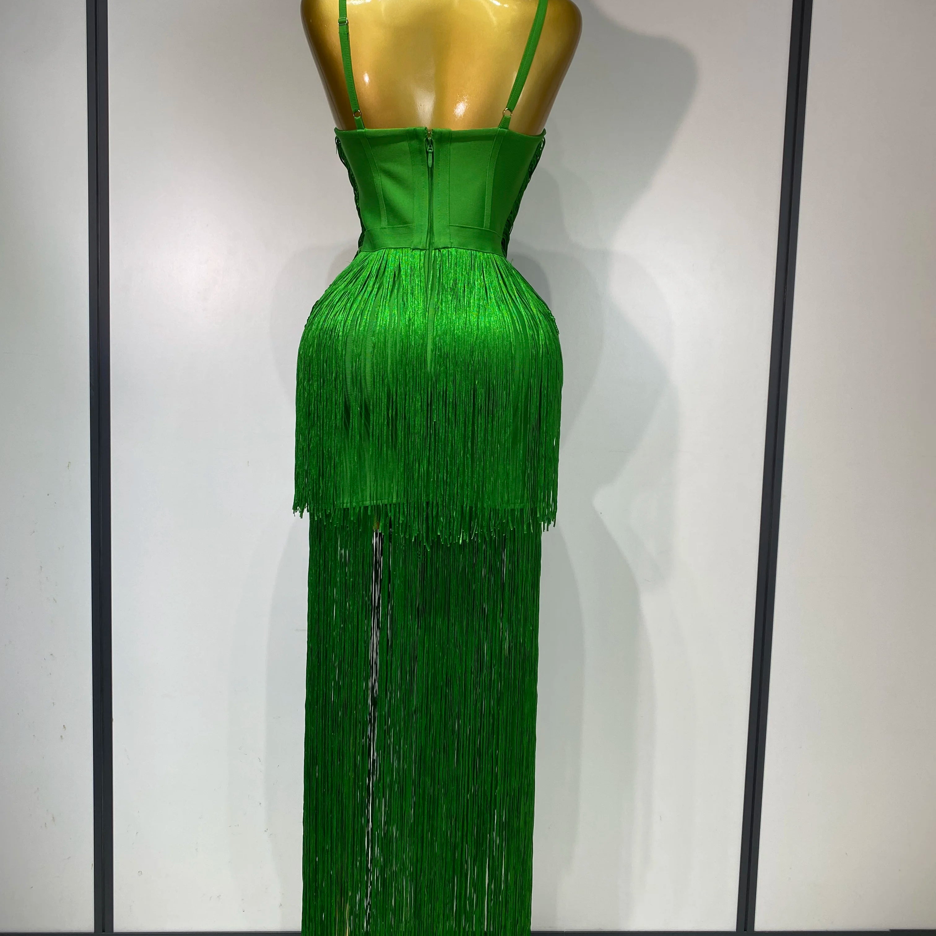 Women Sexy Backless Tassel Green Ankle Bodycon Bandage Dress 2025 Celebrity Elegant Evening Club Luxury Birthday Party Outfit ﻿