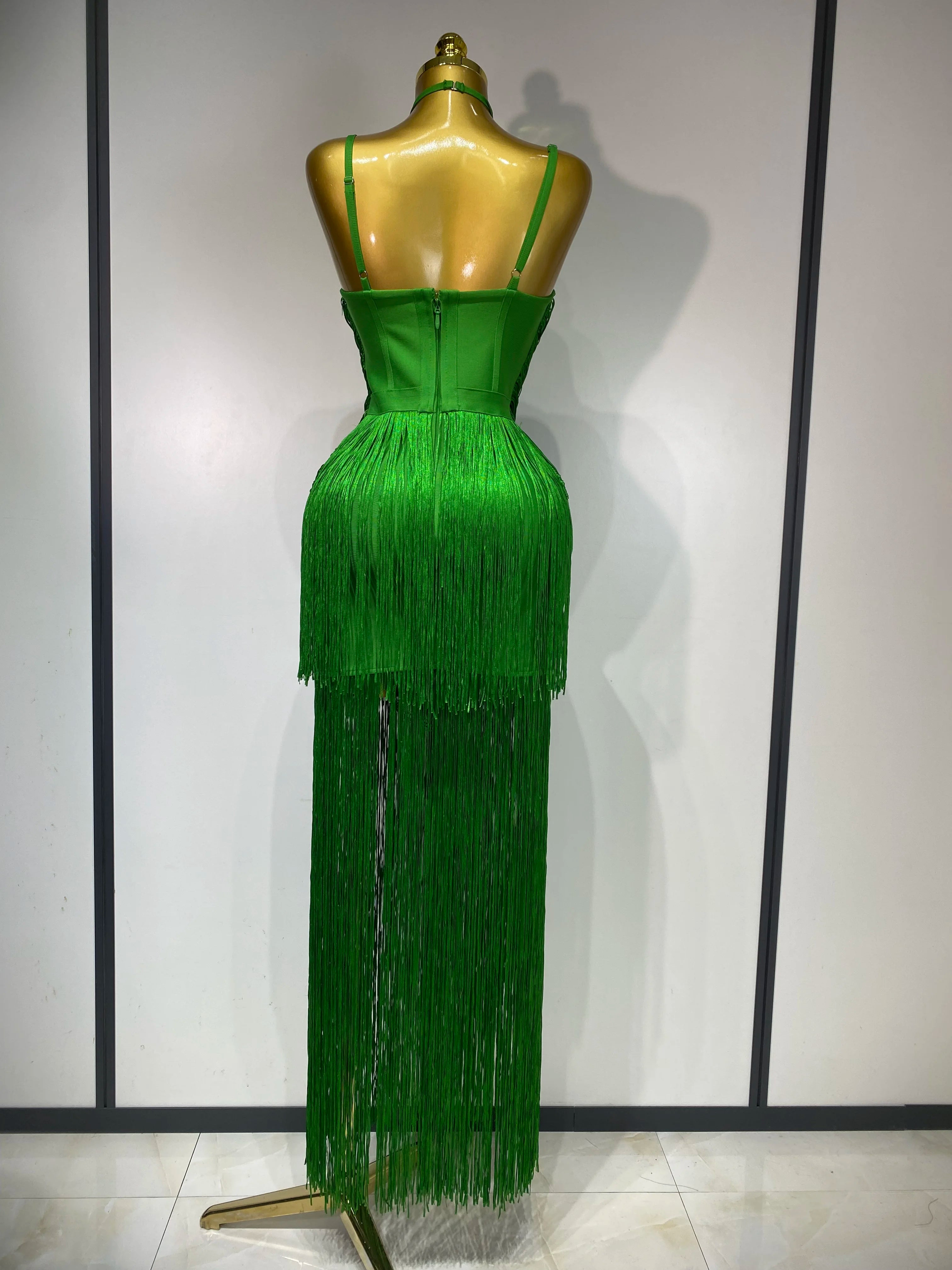 Women Sexy Backless Tassel Green Ankle Bodycon Bandage Dress 2025 Celebrity Elegant Evening Club Luxury Birthday Party Outfit ﻿