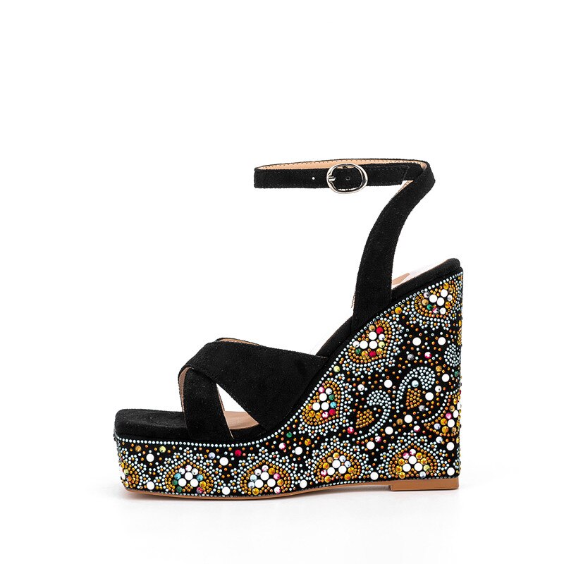 Summer New Suede Thick Bottom Wedge Sandals Round Head Diamond Inlaid Super High Heel Buckle Platform Fashion Sandals