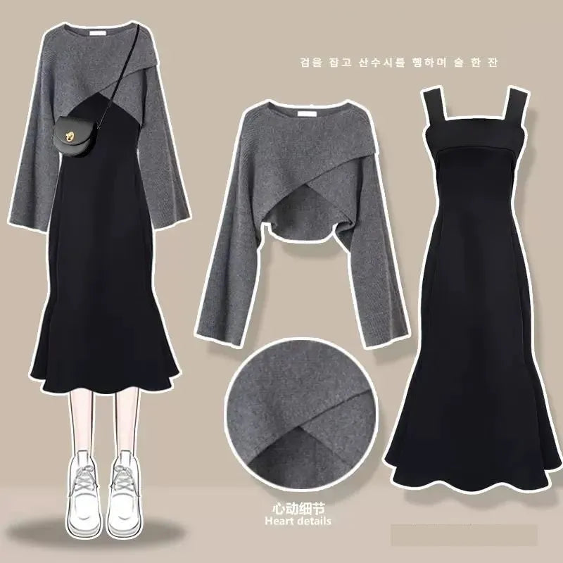 Women's Fashion Dress Matching Set 2024 Autumn Winter New Chic Knitted Sweater Sling Skirt Two Piece Korean Elegant Clothes Suit Set 05