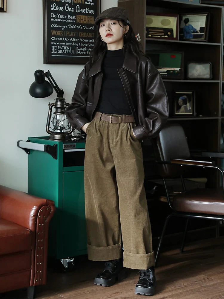 Spring Autumn Cool Handsome Short Brown Hard Pu Leather Jacket Women Zipper Long Sleeve Luxury Designer Clothes 2024 brown