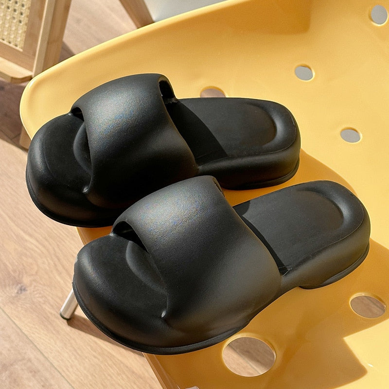 Women Indoor Street Bread Slippers Summer Platform Shoes For Female Thick Sole Solid Color Ladies Fashion Slides Girls Sandals black