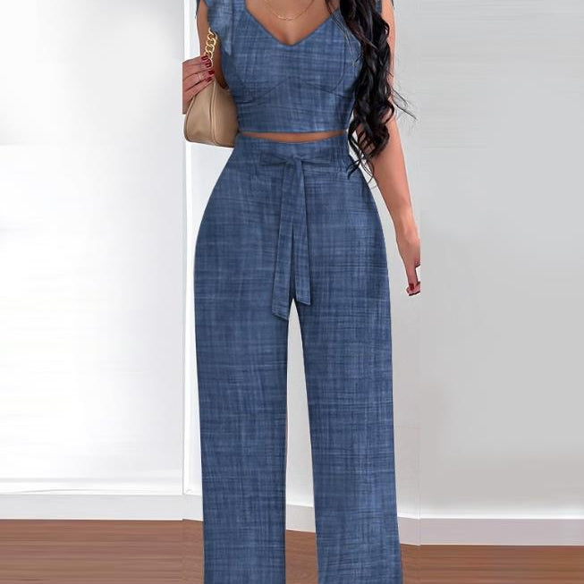 Two Piece Sets Womens Outifits 2024 Spring Fashion Shirred V-Neck Sleeveless Crop Top &amp; Casual Pocket Design Wide Leg Pants Set