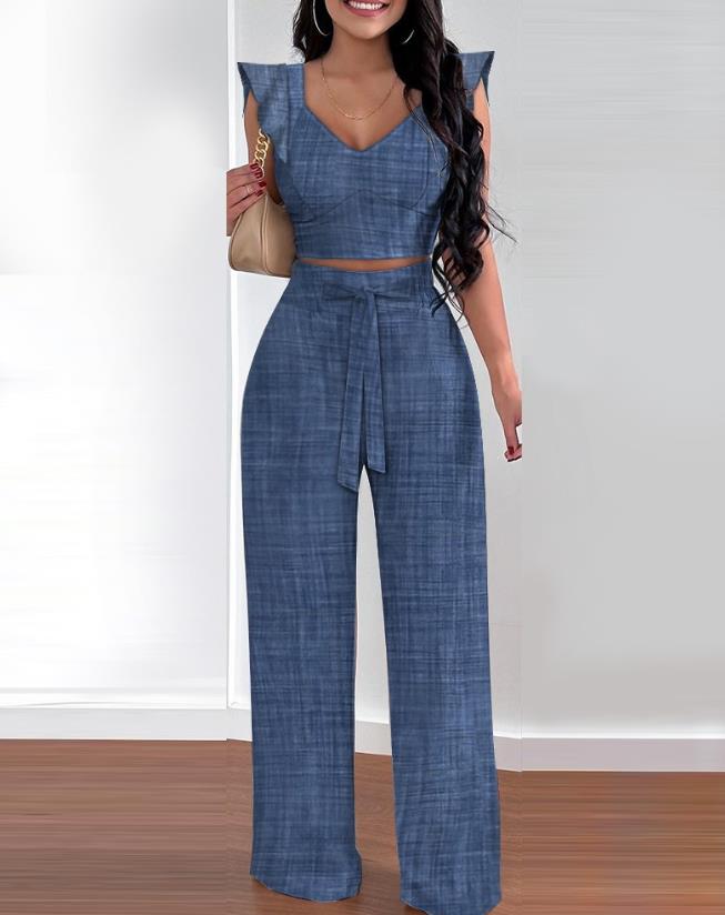 Two Piece Sets Womens Outifits 2024 Spring Fashion Shirred V-Neck Sleeveless Crop Top &amp; Casual Pocket Design Wide Leg Pants Set
