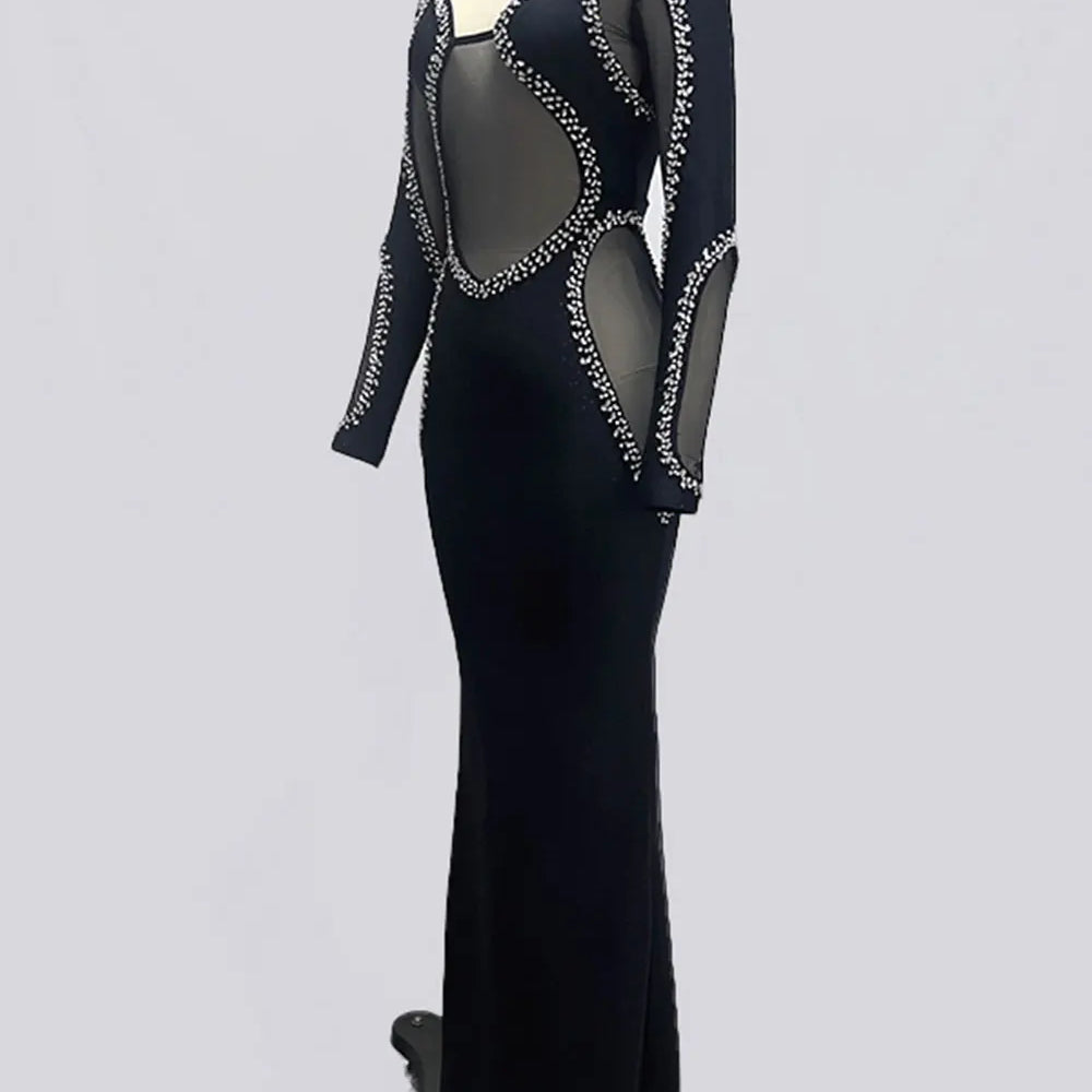 2024 Autumn Women's Light Luxury Diamond Mesh Patchwork Bandage Dress Long Sleeve Bodycon Tail Dresses Evening Party Vestidos