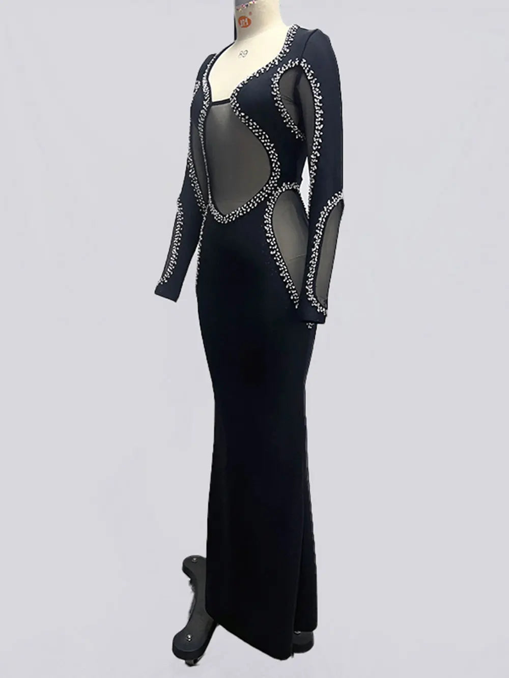 2024 Autumn Women's Light Luxury Diamond Mesh Patchwork Bandage Dress Long Sleeve Bodycon Tail Dresses Evening Party Vestidos