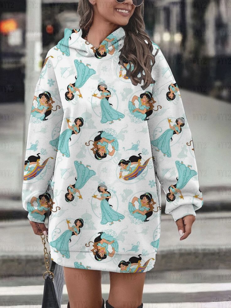 Women's Hoodie Dress Fall Fashion Print Long Sleeve Hooded Dress Women Disney Mermaid Women's Sweatshirt Streetwear YNSLMS020