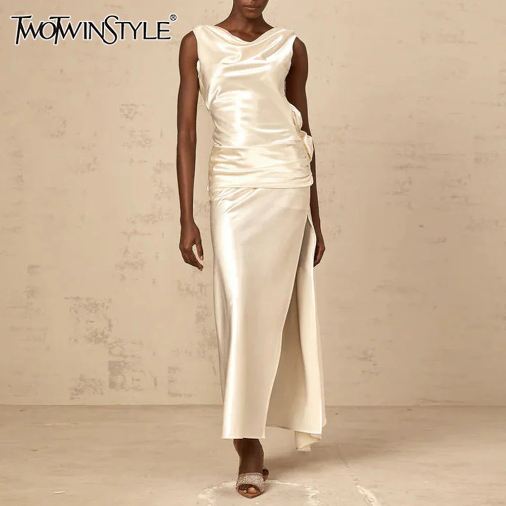 Solid Sliced 3D Flower Split Dresses for Women Swinging Collar Sleeveless Patchwork Folds Backless Dress Female New