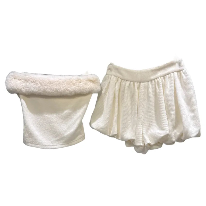 Winter New fashion Sweet Frayed Edge Knitted Tank Top Vest For Women Solid Color Puff Shorts Female Trend 11A07860