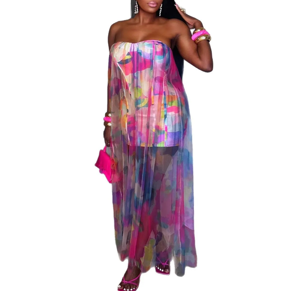 Women Sleeveless Tie Dye Print Strapless Mesh Bodycon Midi Long Maxi Dress 2025 Birthday Club Party Vestido Sexy Dresses White