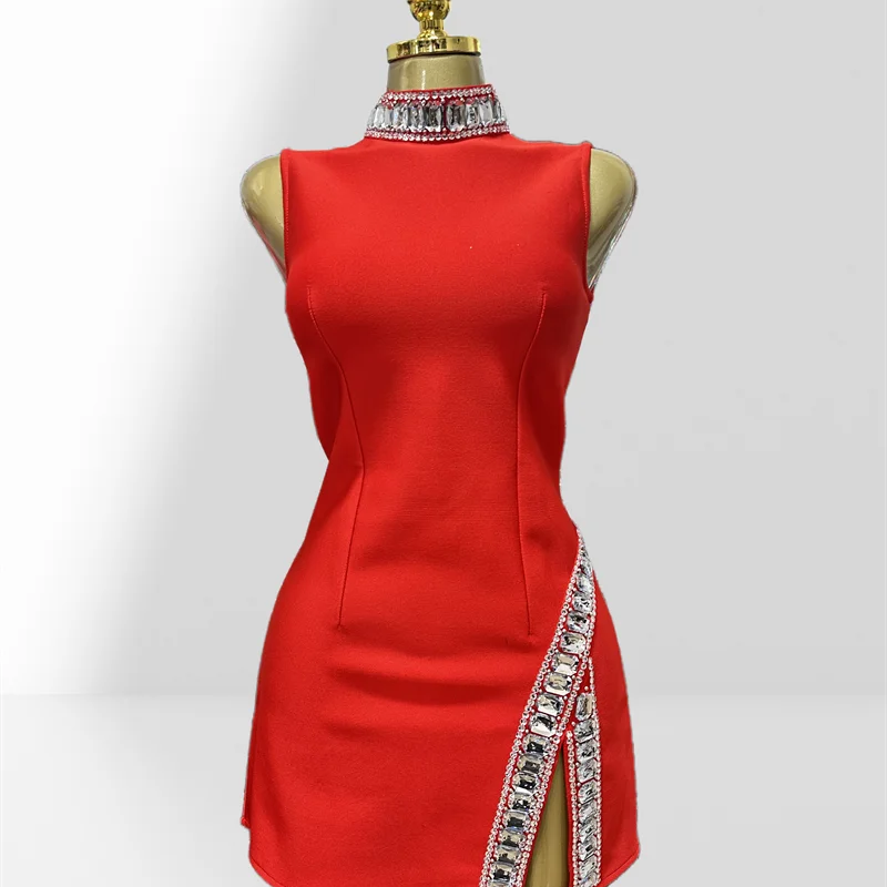 New Summer Super shining Diamonds O-neck Sleeveless Bandage Mini Dress Fashion Woman Birthday Party Dress Music Festival Outfit Red