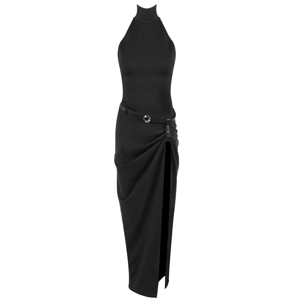 Urban Chic Black Halter Open Back & Slit Dress for Sophisticated Nights Party Evening Gown black