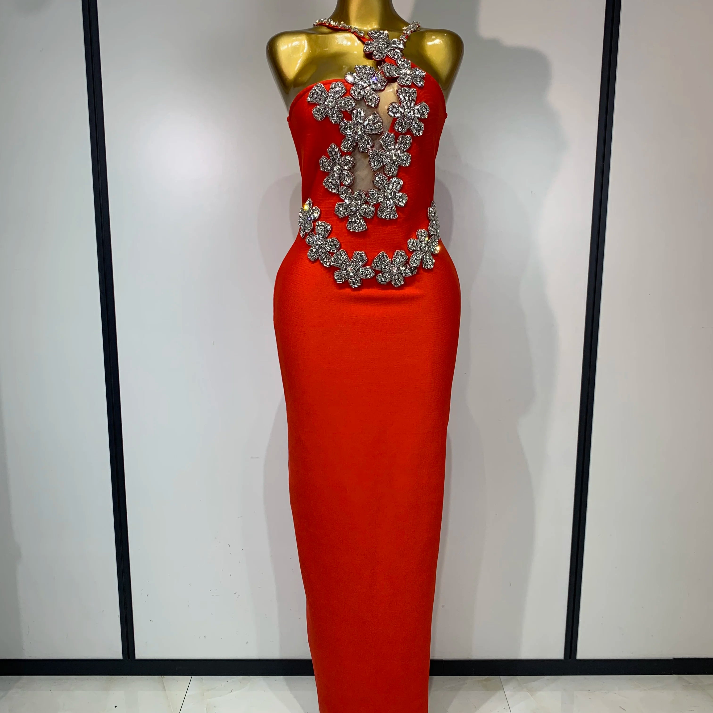 Women Sexy Shining Beading White Maxi Long Bodycon Bandage Dresses Celebrity Birthday Evening Party Elegant Knitted Clothing