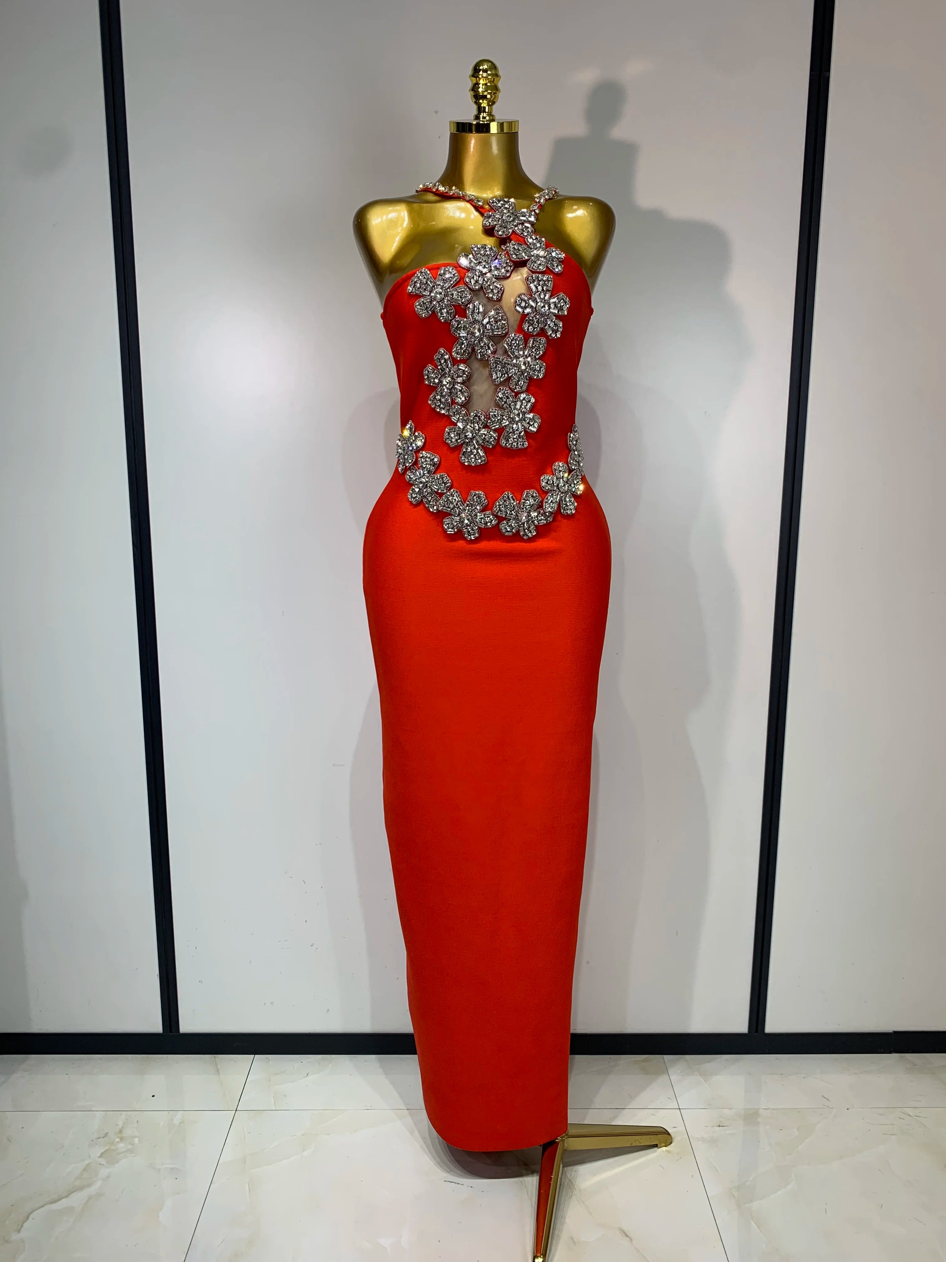 Women Sexy Shining Beading White Maxi Long Bodycon Bandage Dresses Celebrity Birthday Evening Party Elegant Knitted Clothing