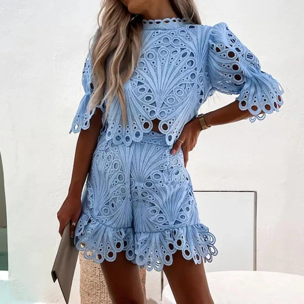 Women Outfit Solid Color Laciness Flare Sleeves Hollow Out Top Shorts Outfits Elegant Lace T-shirt Shorts Set Women's Clothing