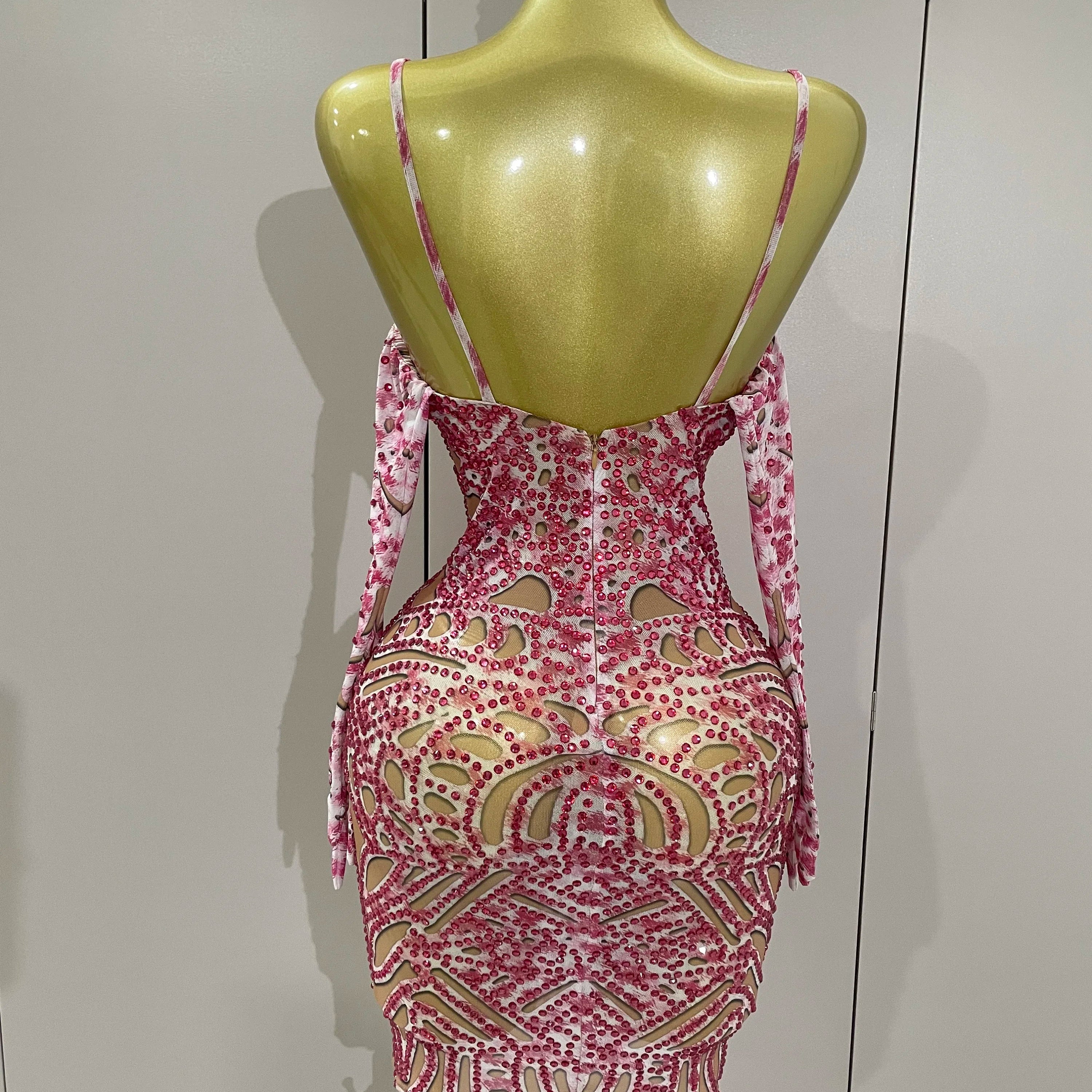 2025 New Sexy Sparkly Rhinestones Mesh Mini Dress With GlovesWomen Evening Birthday Party Celebrate Costume Dancer Stage Wear