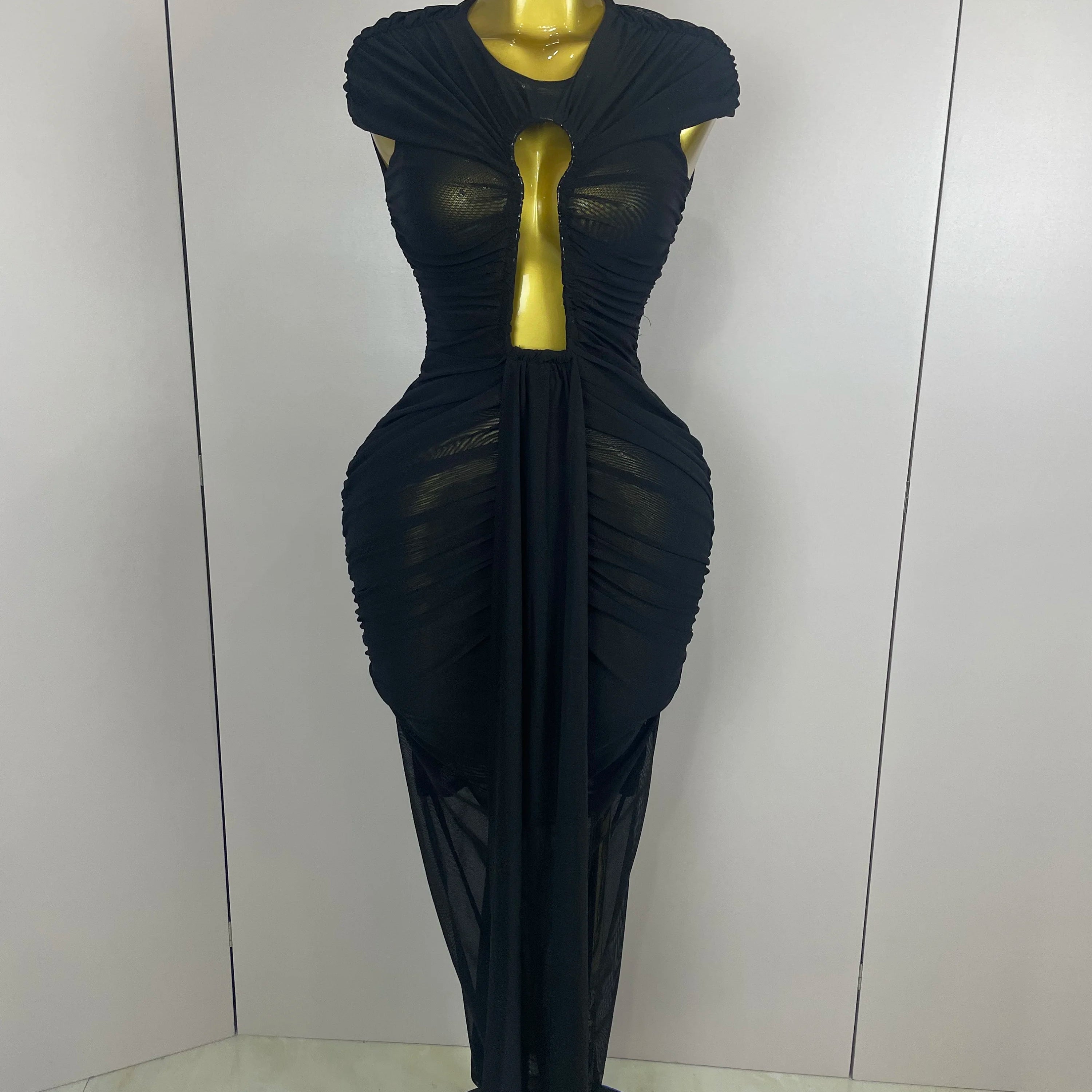 Sexy Sleeveless O-Neck Bodycon Mesh Long Dress 2025 Women Hollow Out Celebrate Fashion Show Celebrity Evening Party Club Dress black