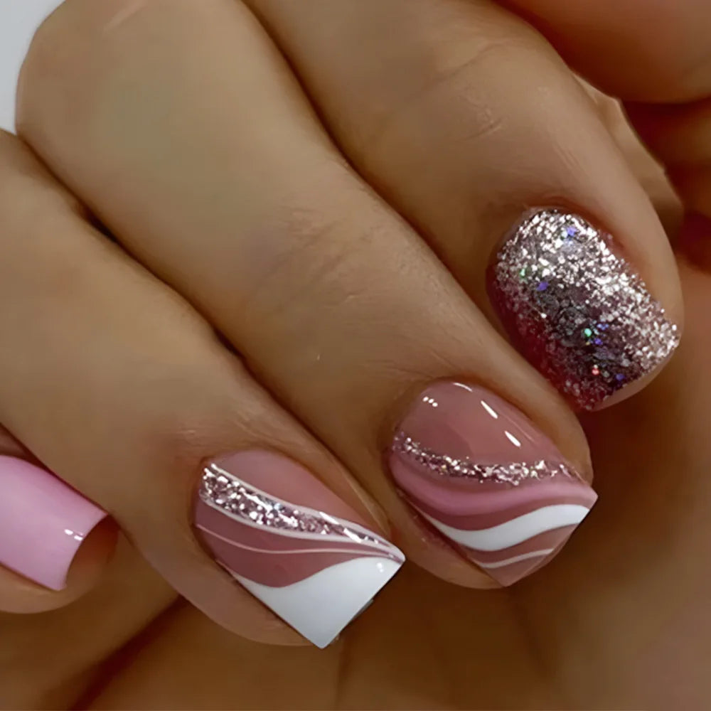 24pcs/set short Medium fake nails square ballet almond nail tips pink beautiful heart for Valentine's Day press on false nails 1063