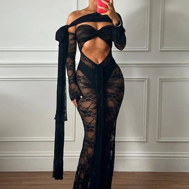 Lace See Through Strapless Sexy Maxi Dress For Women Gown Halter Hollow Out Sleeveless Backless High Split Long Dress Black