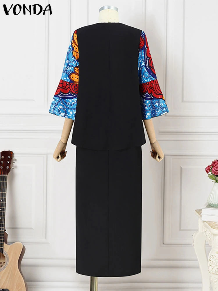 Plus Size VONDA Women Sets 2025 Fashion Suit 3/4 Flare Sleeve Floral Printed Tops And Elastic Waist Maxi Skirts 2Pcs Sets