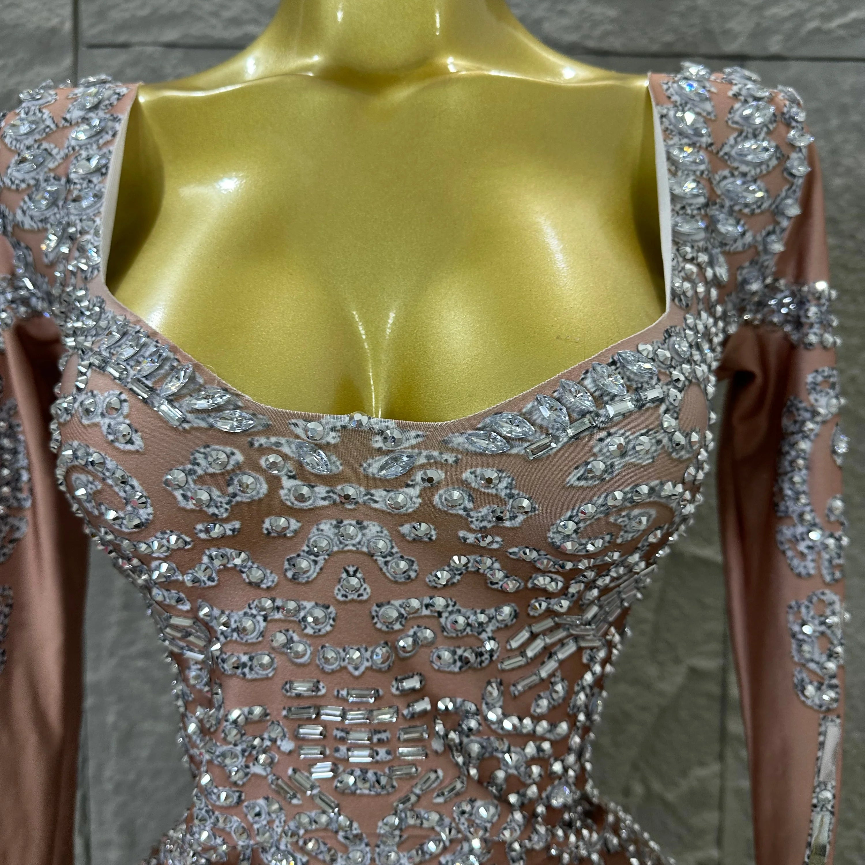Silver Sheer Mesh Jumpsuit Women Sexy Sweetheart Neck Long Sleeve Full Crystal Skinny Outfit Stage Performance Costume