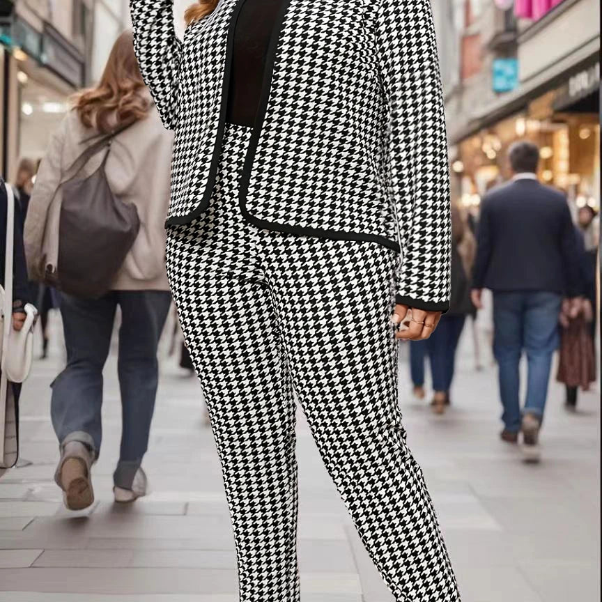 Large size directional elegant and fashionable houndstooth round neck women's long pants set, casual and versatile spring and au