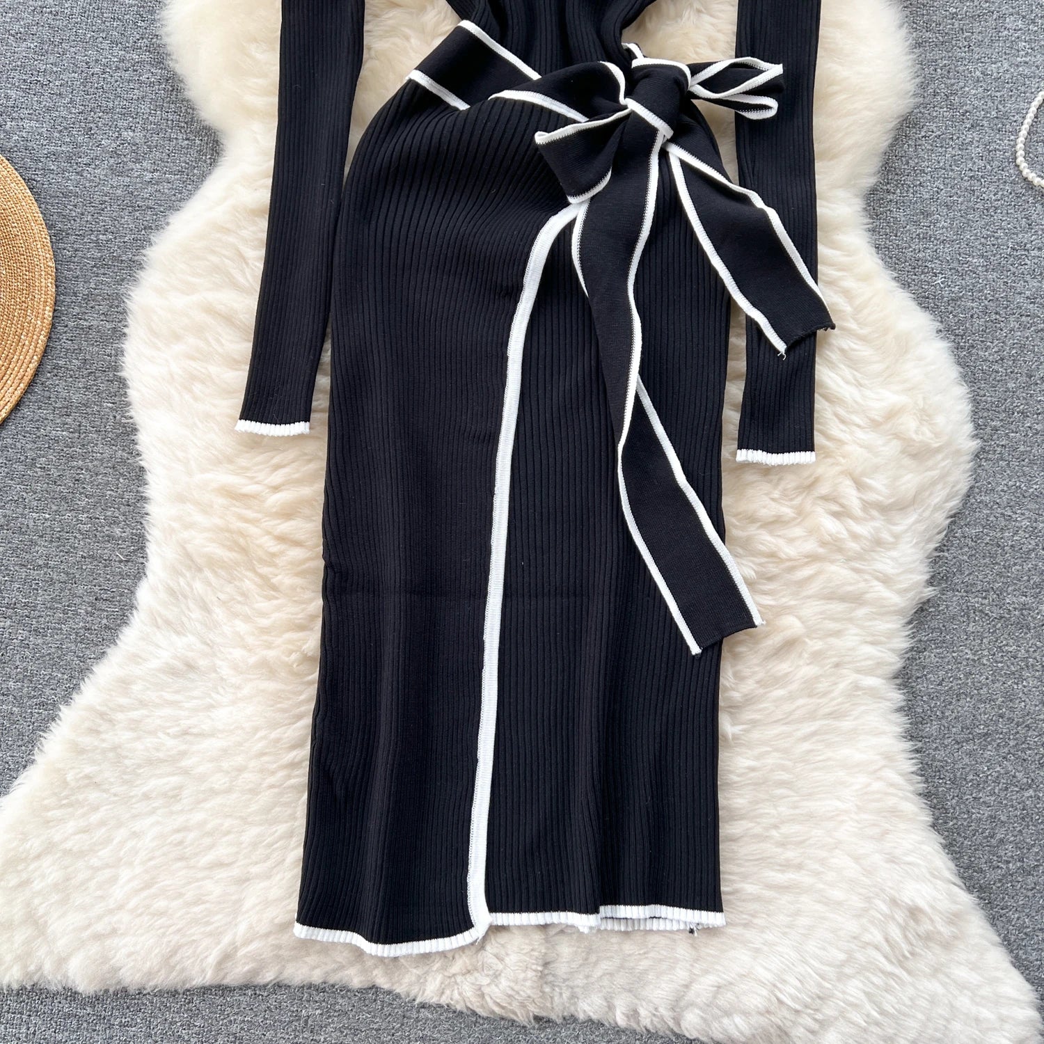 Women Knitted Dress Autumn Winter Slim Lace-up Long Sleeve Bottoming Black Sweater Dress Elegant Office Lady Vestidos