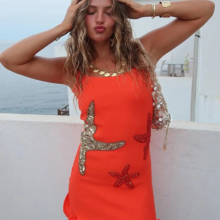 Chic Shinny Starfish Print Ruffles Hem Mini Dress Fashion Bodycon Sleeveless Backless Short Vestidos Summer Female Beach Dresses Orange