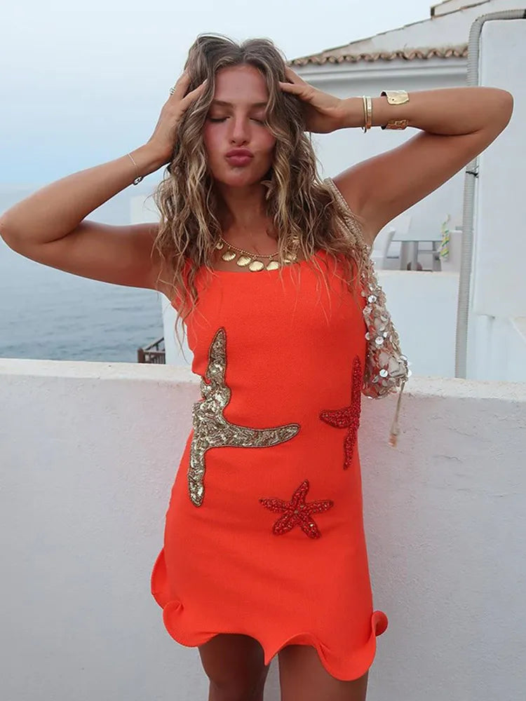 Chic Shinny Starfish Print Ruffles Hem Mini Dress Fashion Bodycon Sleeveless Backless Short Vestidos Summer Female Beach Dresses Orange
