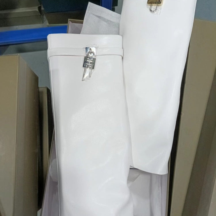 Women's Knee High Boots Shark Lock Long Thick Soled High-heeled Boots Designer Luxury Brand Women's Leather Boots White pu