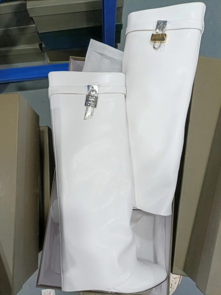 Women's Knee High Boots Shark Lock Long Thick Soled High-heeled Boots Designer Luxury Brand Women's Leather Boots White pu